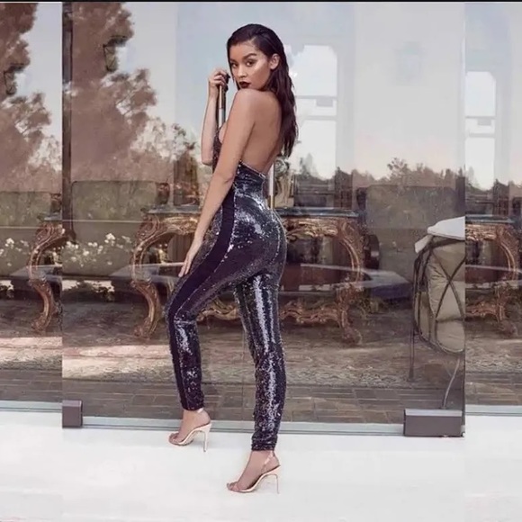 House of CB Pants - House of Cb ‘Reia’ Black Sheer & Sequin Halter Jumpsuit NWT